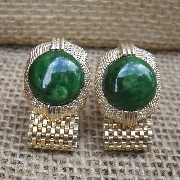 Vintage Swank Tie Tack & Cufflink Set Green & Gold - Picture 2 of 16